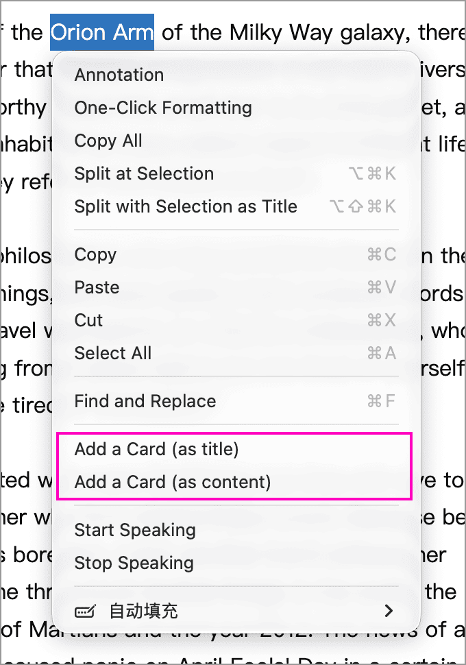 Add selected text as a card from the editor’s context menu