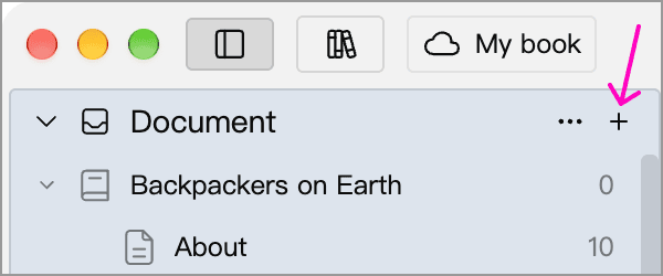 Arrow pointing to the plus button beside the Document panel title