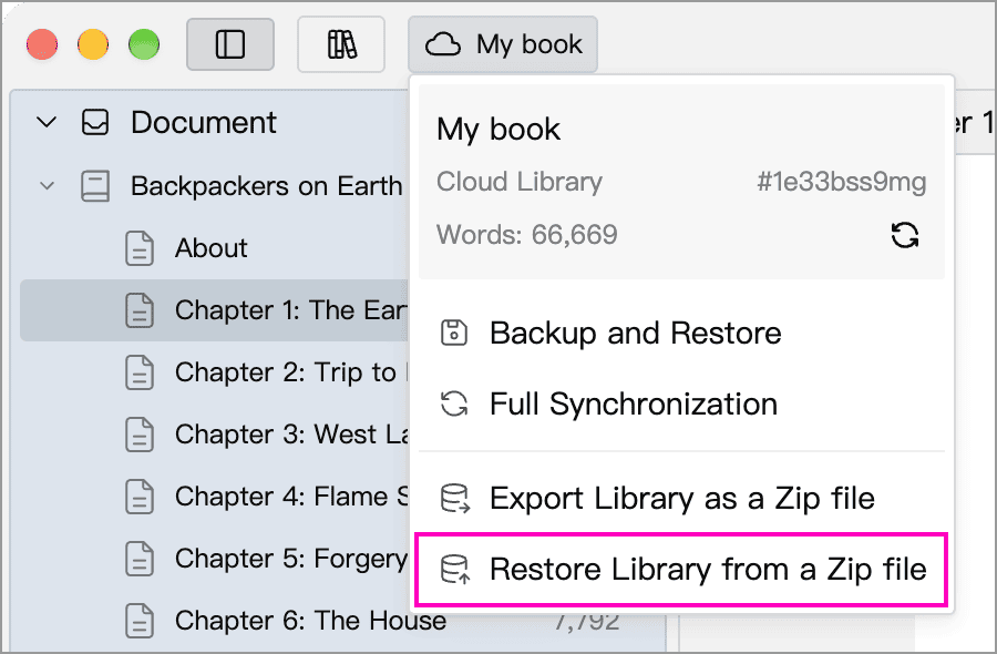 Zip import in the destination Library menu