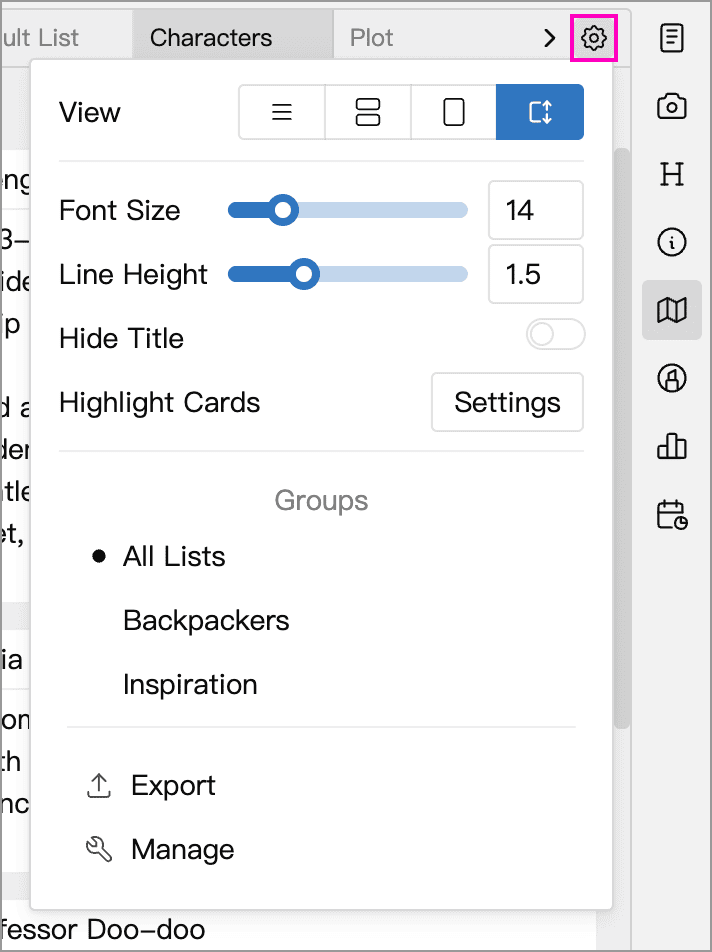 Card display settings and the Manage and Export entries