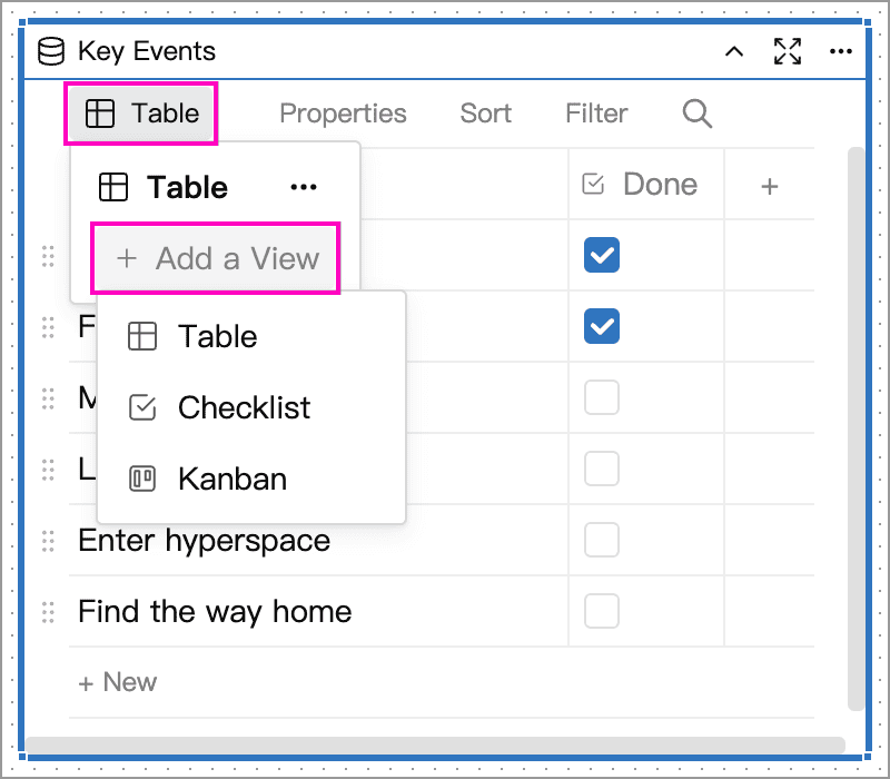 Data card view selector and Add a View menu