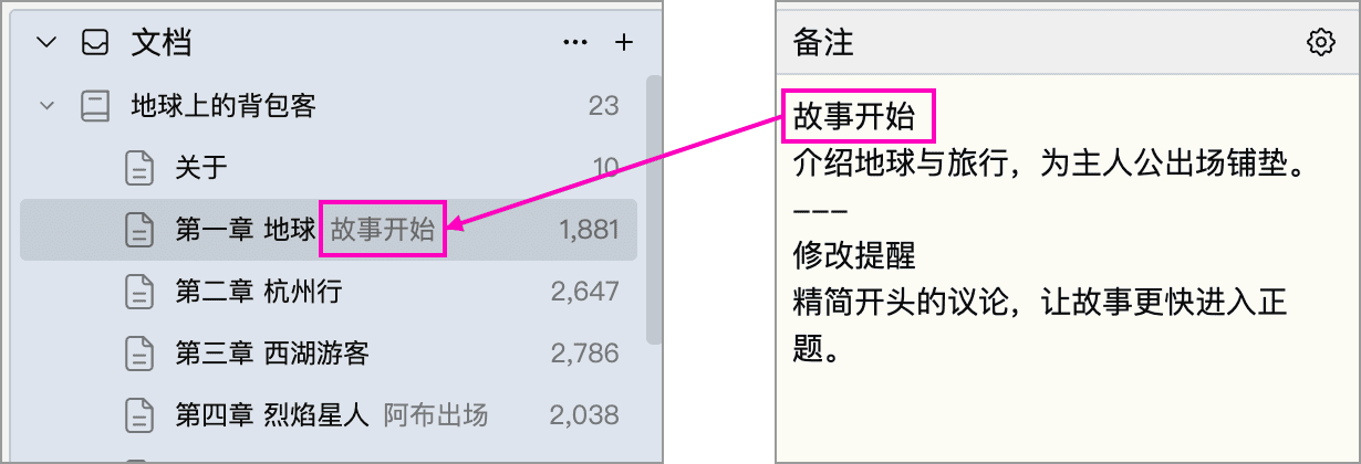 备注首行与目录树摘要的对应关系