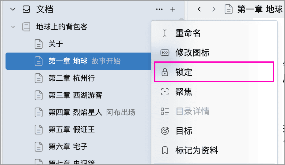 目录树右键菜单中的锁定选项