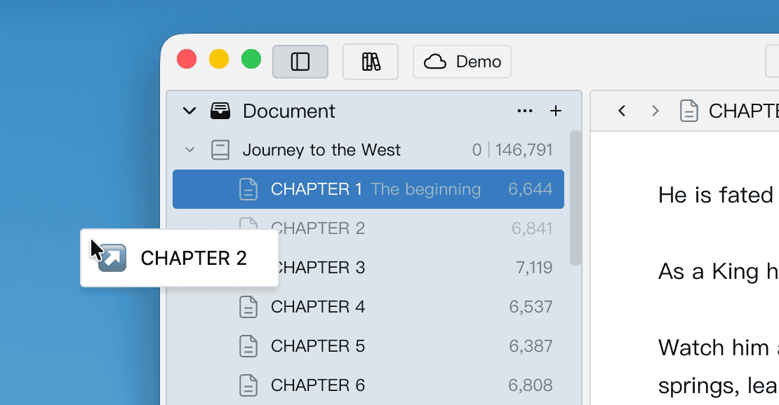 Dragging a chapter from the tree outside the main window