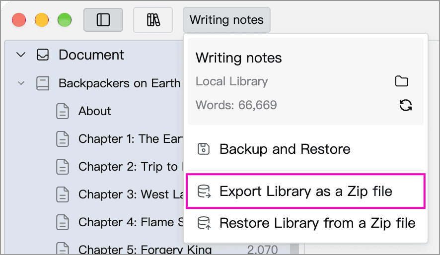Zip export in the Library menu