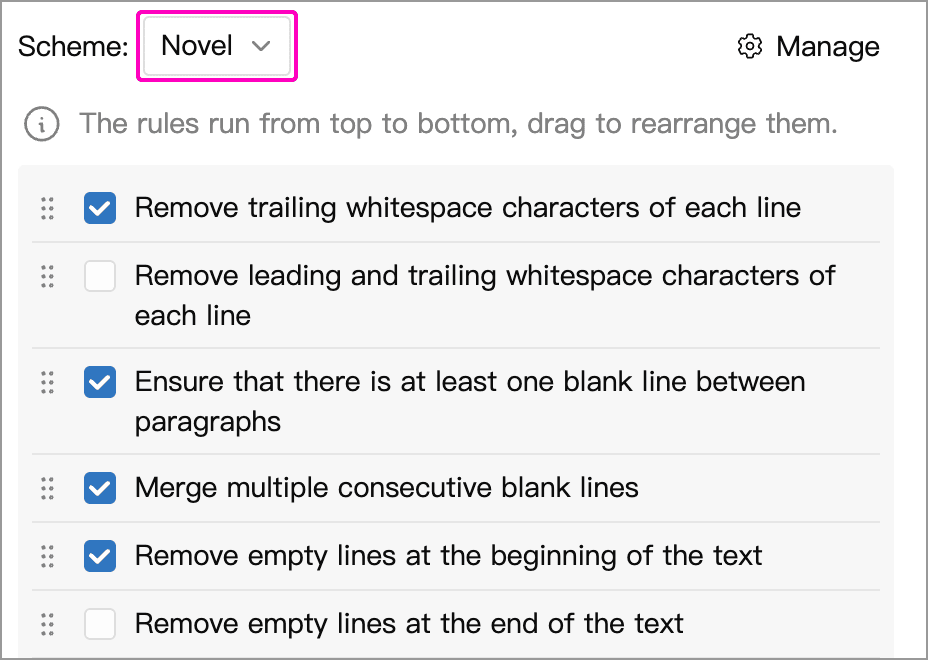Novel scheme selected for editing its rules and execution order
