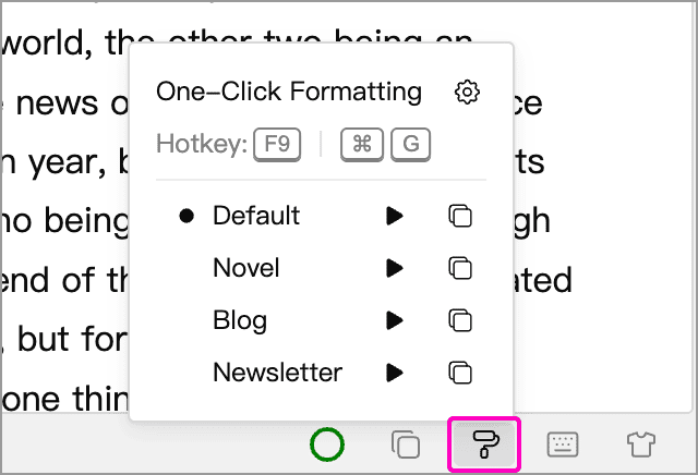 Default, Novel, Blog and Newsletter schemes in the one-click formatting panel