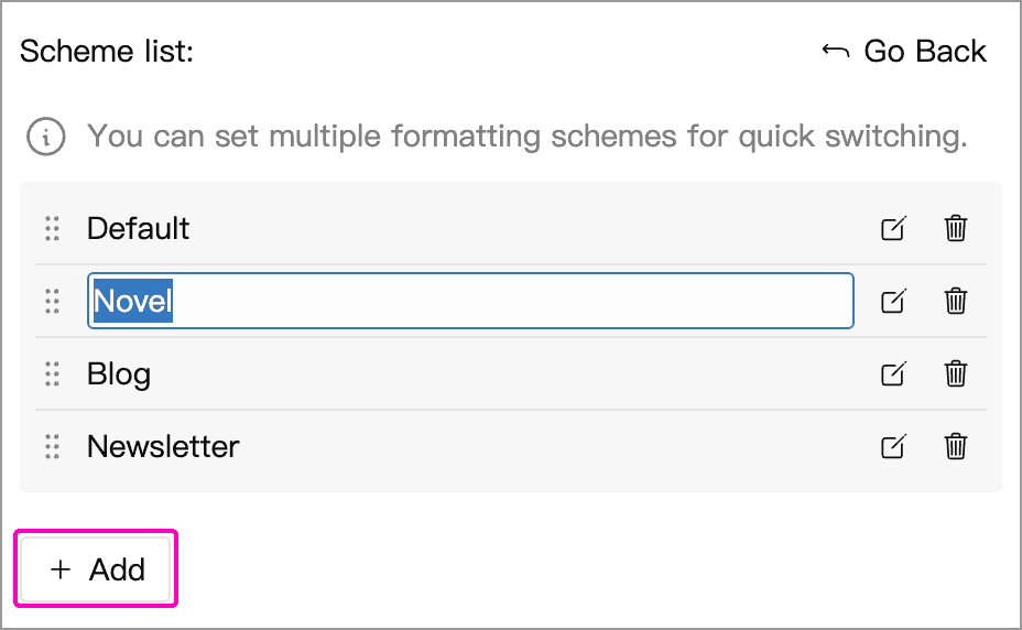 Add button and the editable Novel scheme name in the scheme list