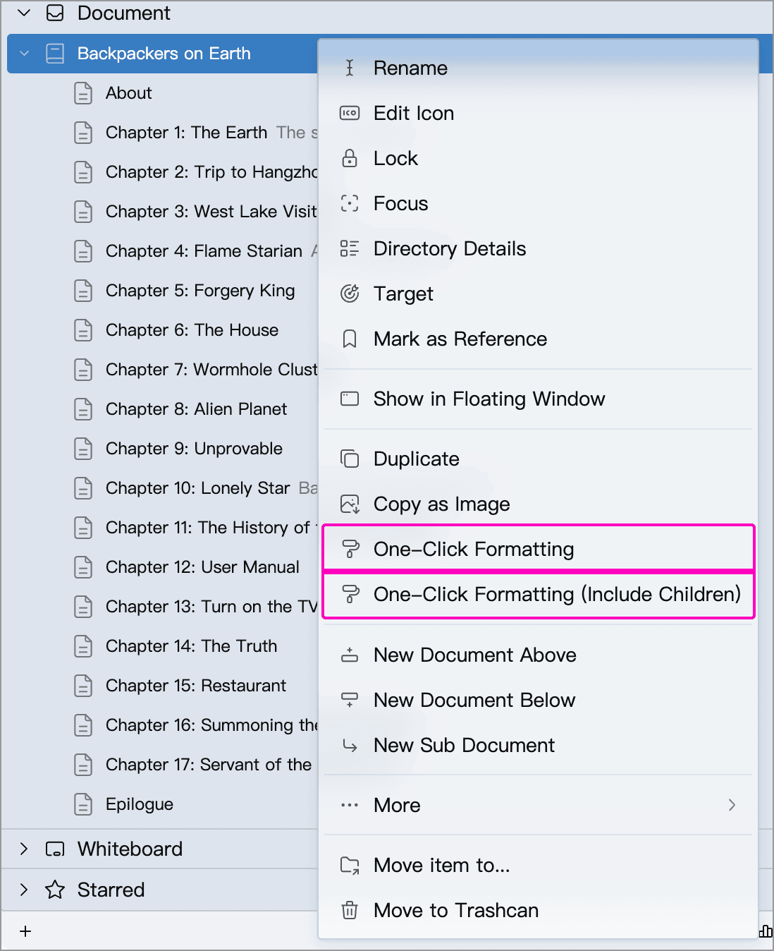 One-Click Formatting and Include Children options in the document tree context menu