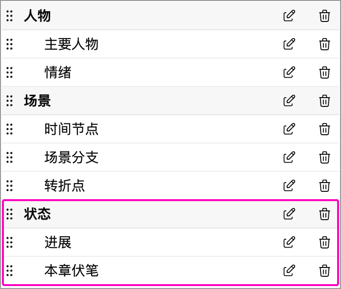 字段设置列表中的分组标题与组内字段