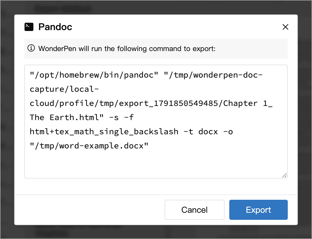 Confirm the Pandoc export command