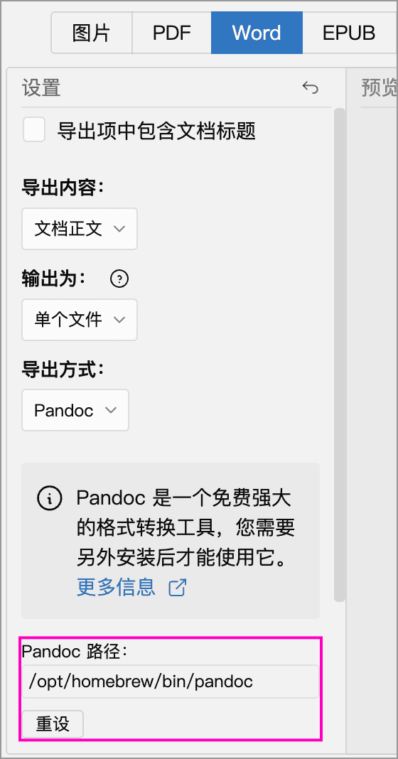 已设置 Pandoc 可执行文件路径