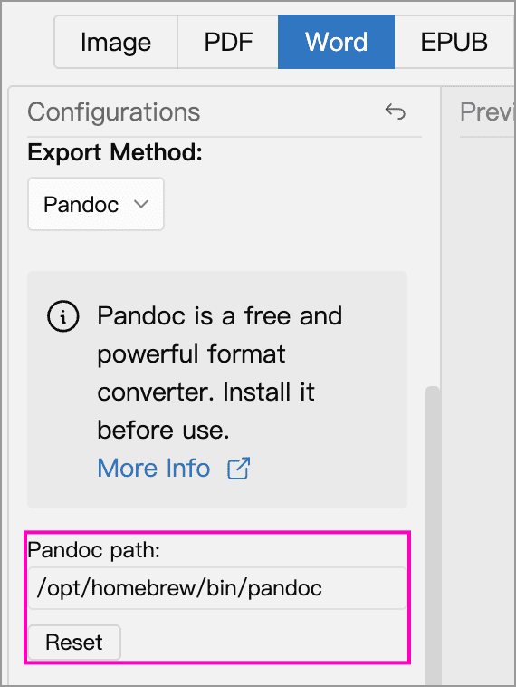 Configured Pandoc executable path