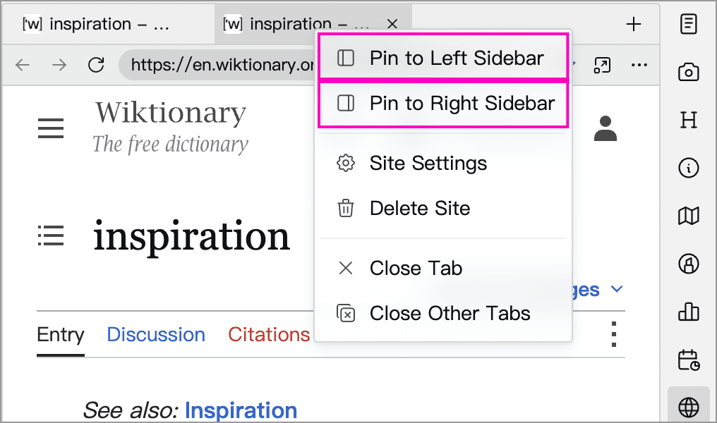 Pin a site from its web tab menu