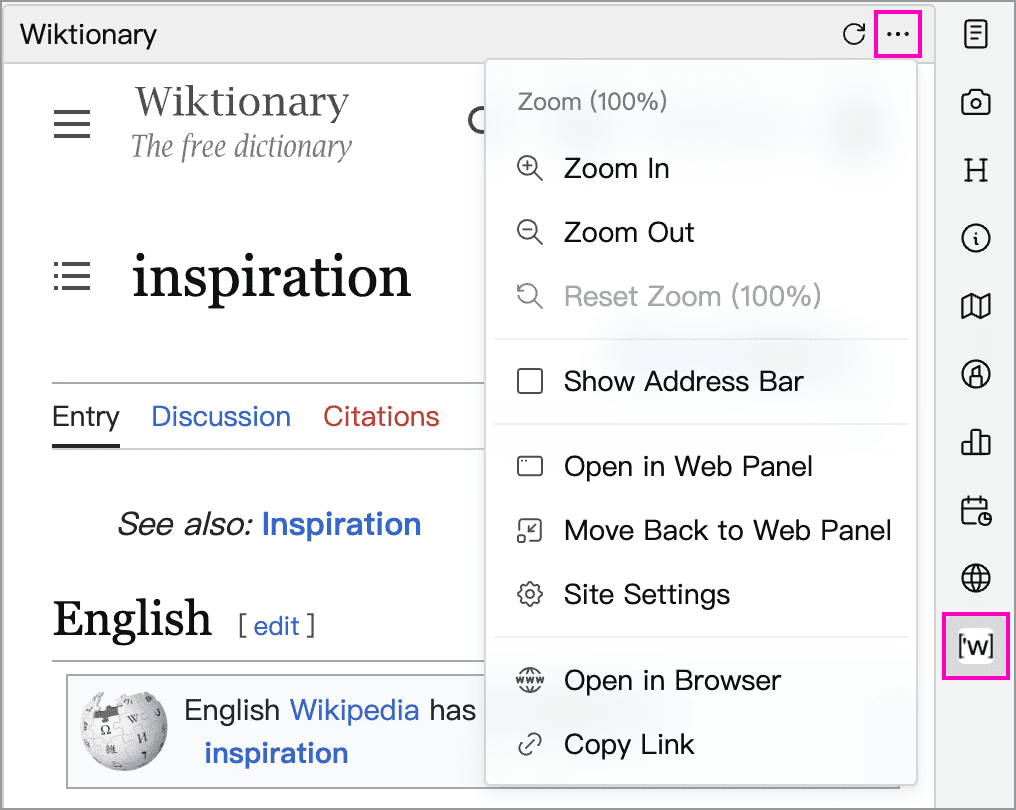 A pinned site's sidebar button and menu