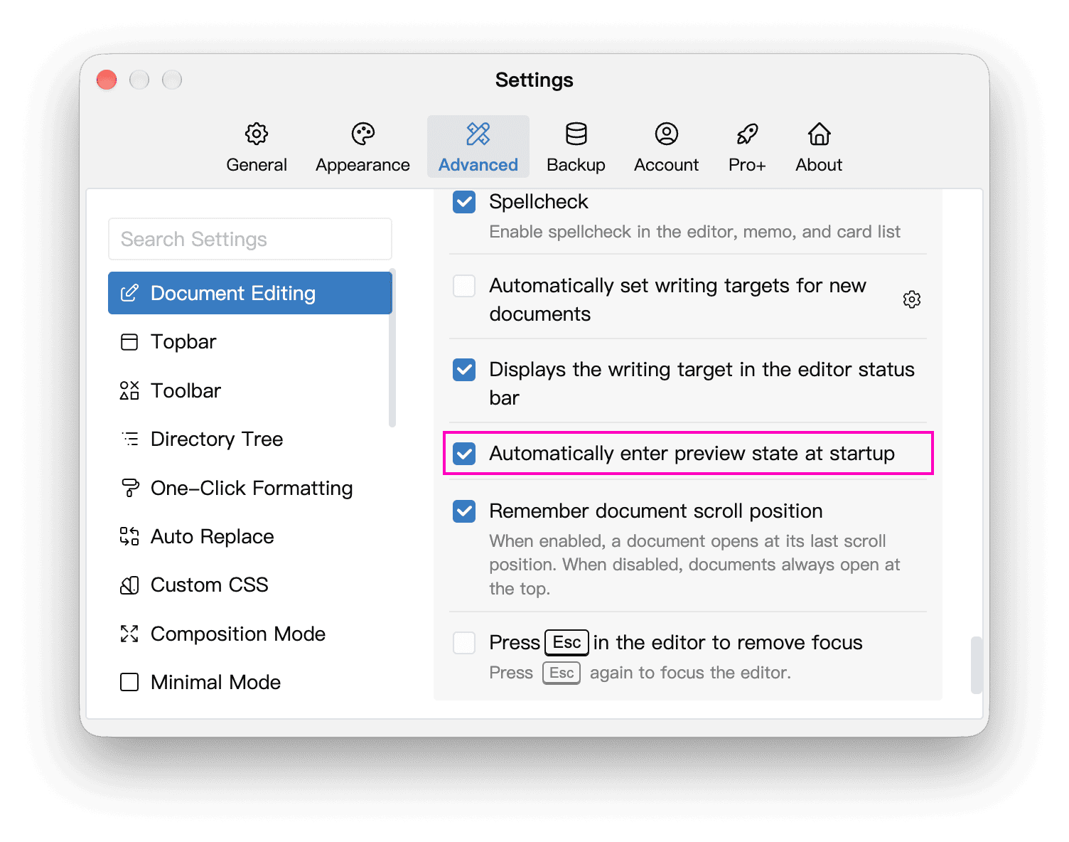 Automatic preview option in Document Editing settings