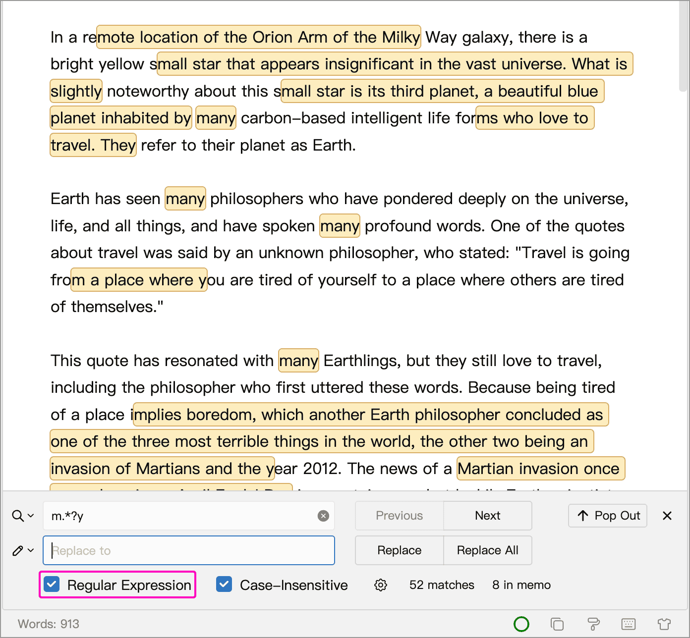Regular Expression option in docked search and highlighted matches in the document