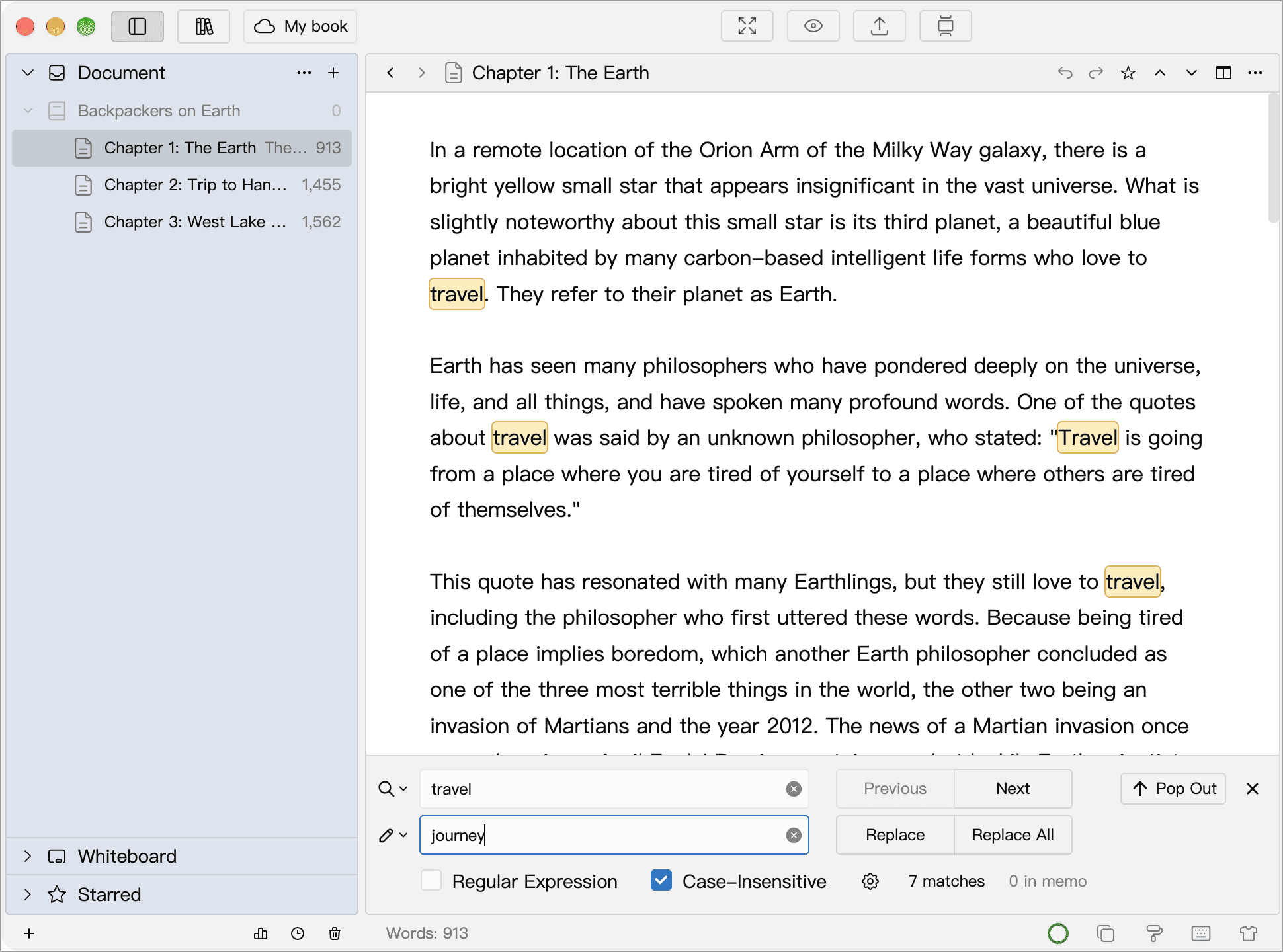 Docked search and highlighted text