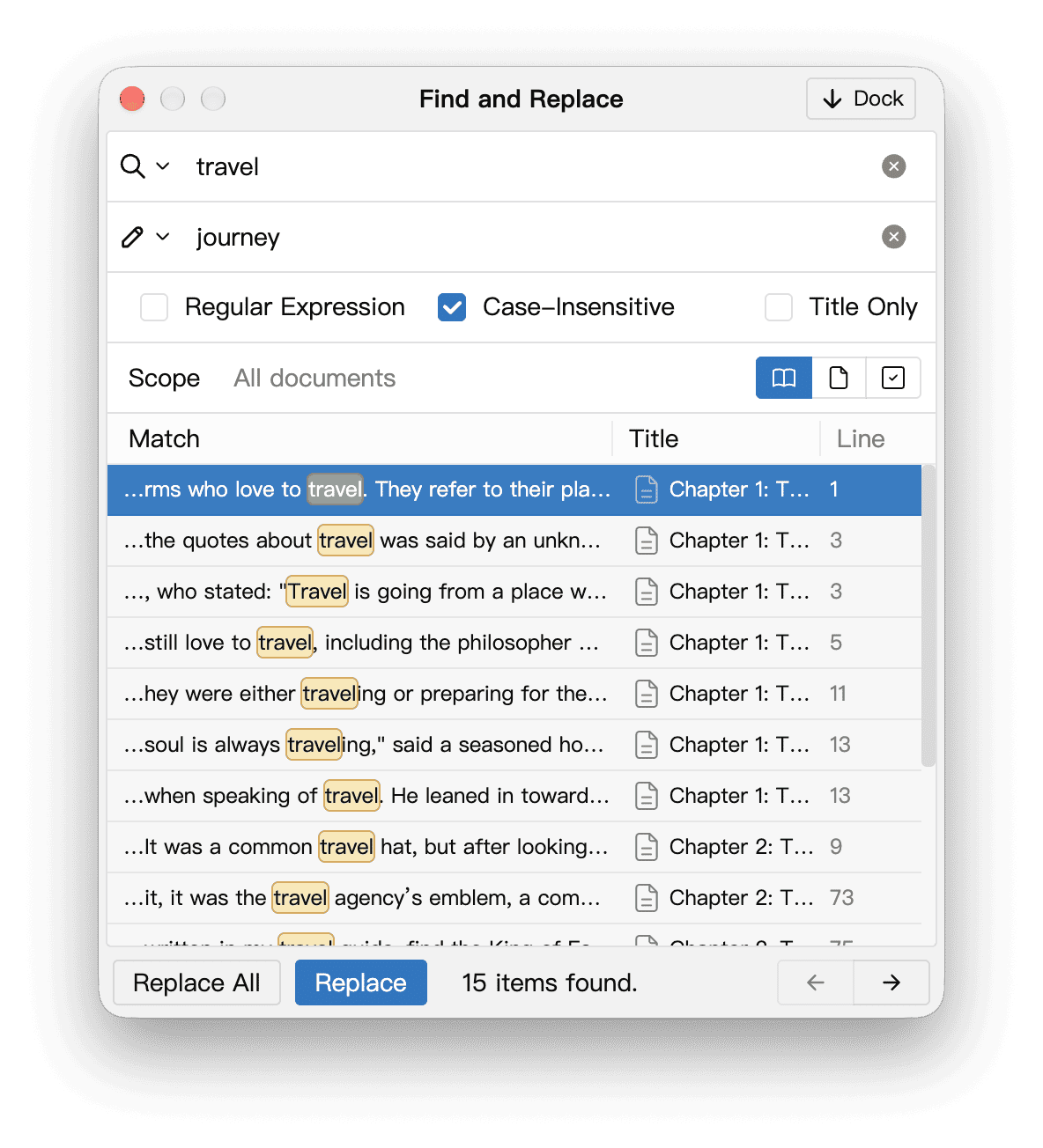Replacement text and matching results