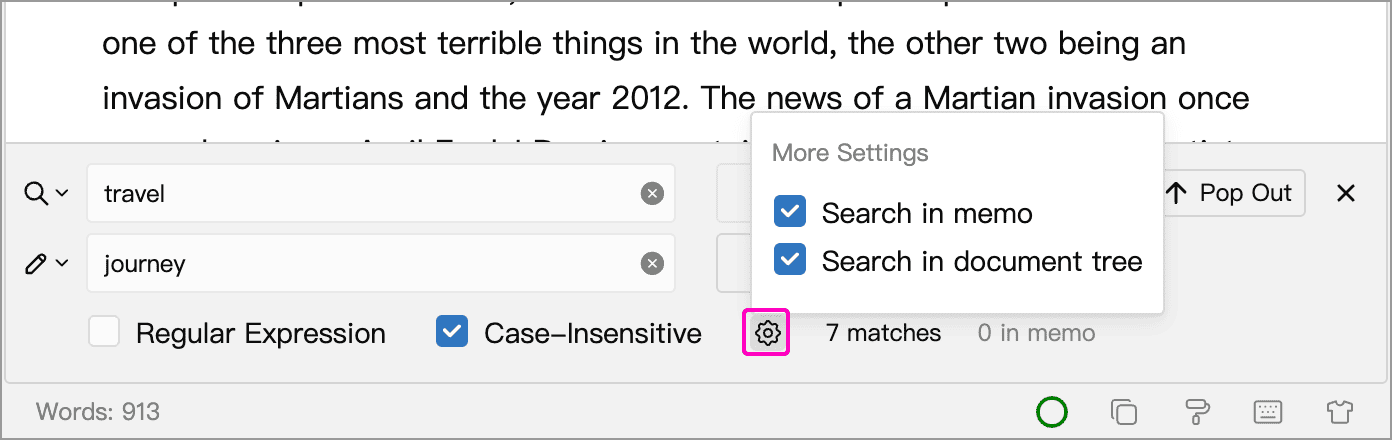 Memo and document-tree search options