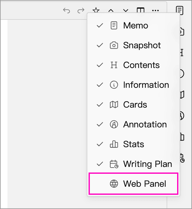Web Panel option in the sidebar toolbar context menu