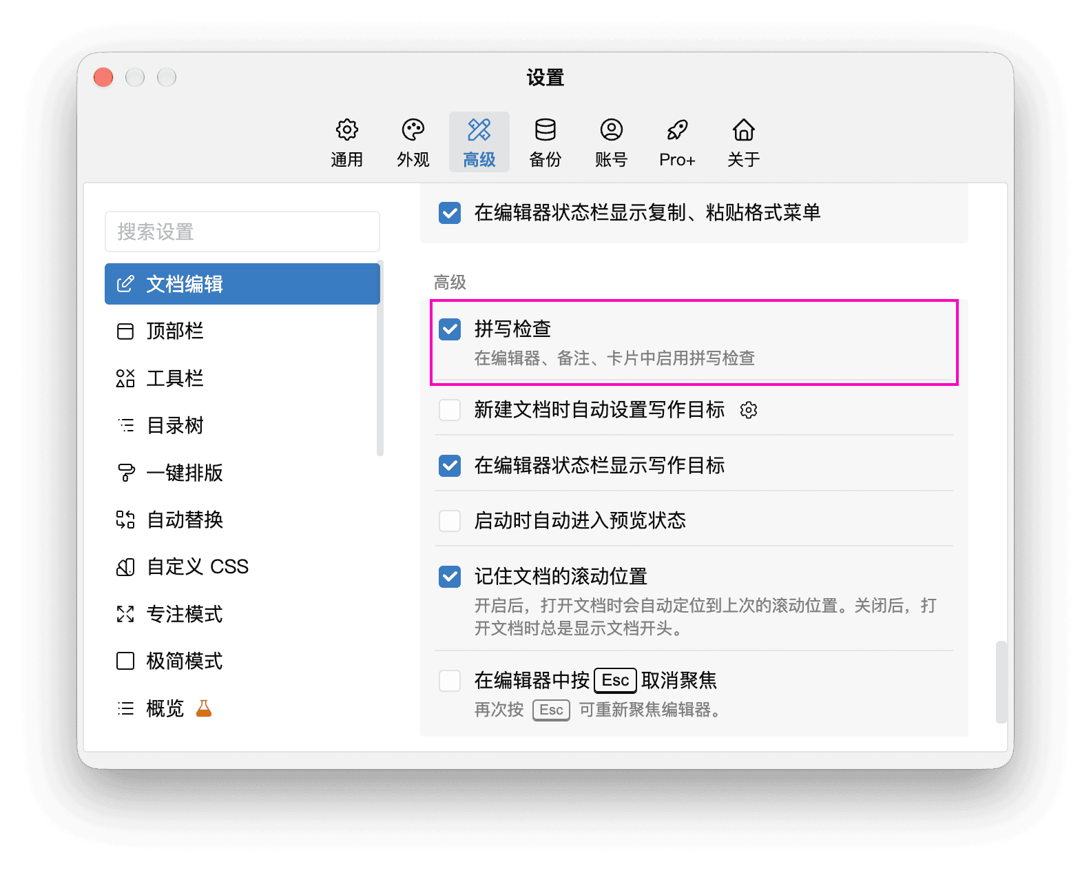 文档编辑设置中的拼写检查开关