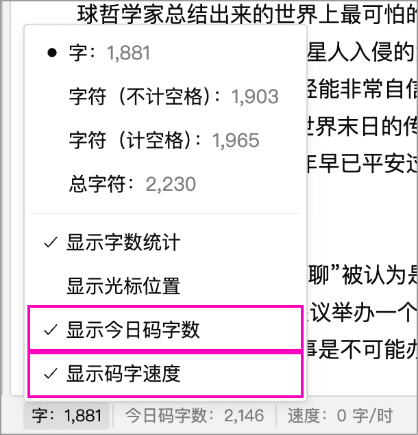 编辑器状态栏的今日码字数、码字速度及对应显示选项