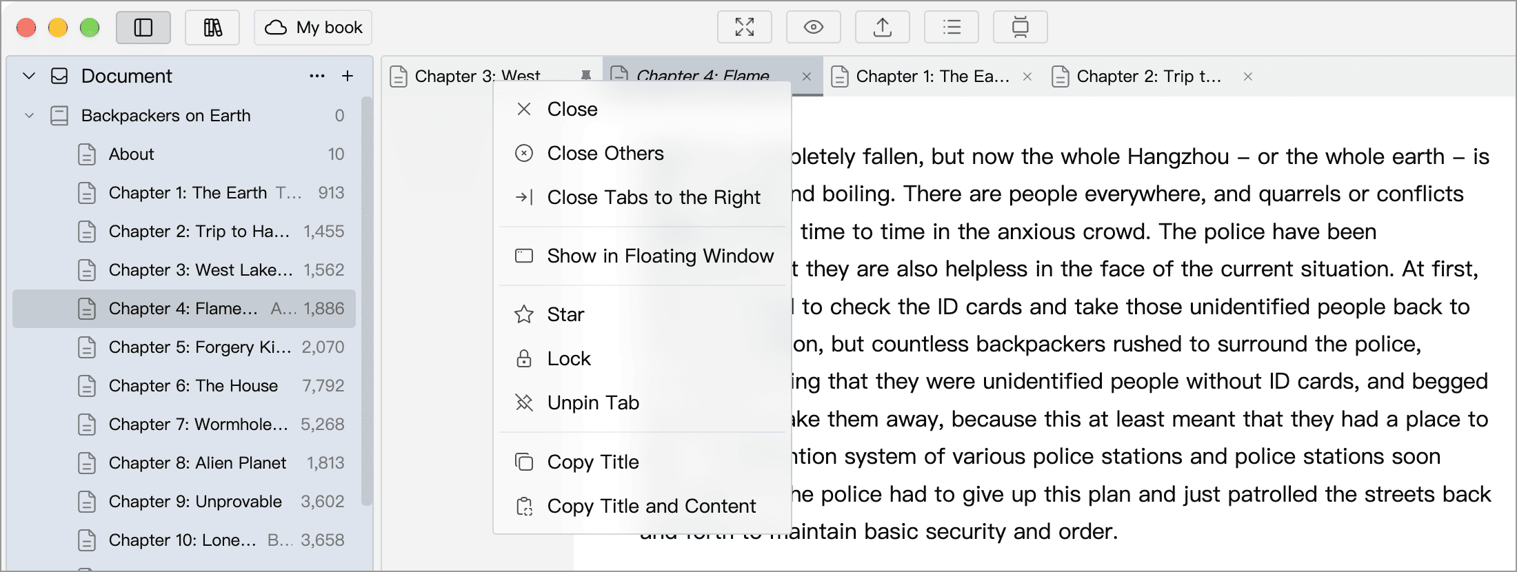 Tab bar and tab context menu