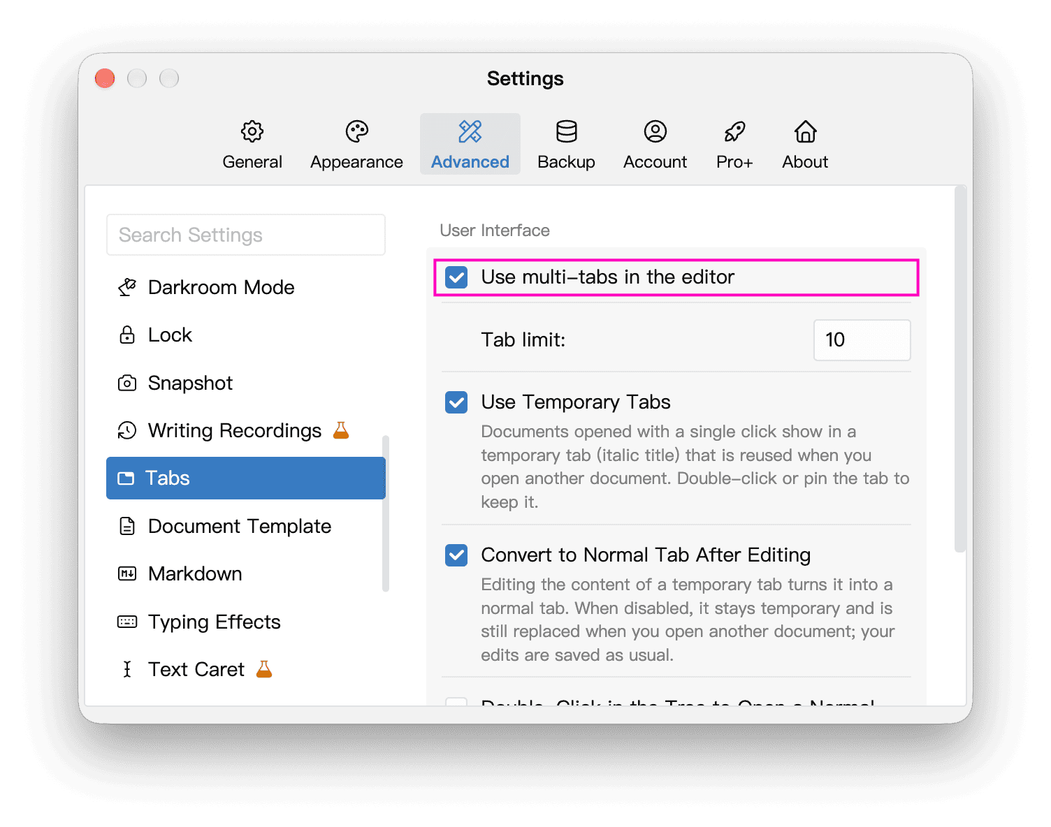 Multi-tab switch, tab limit, and temporary-tab option