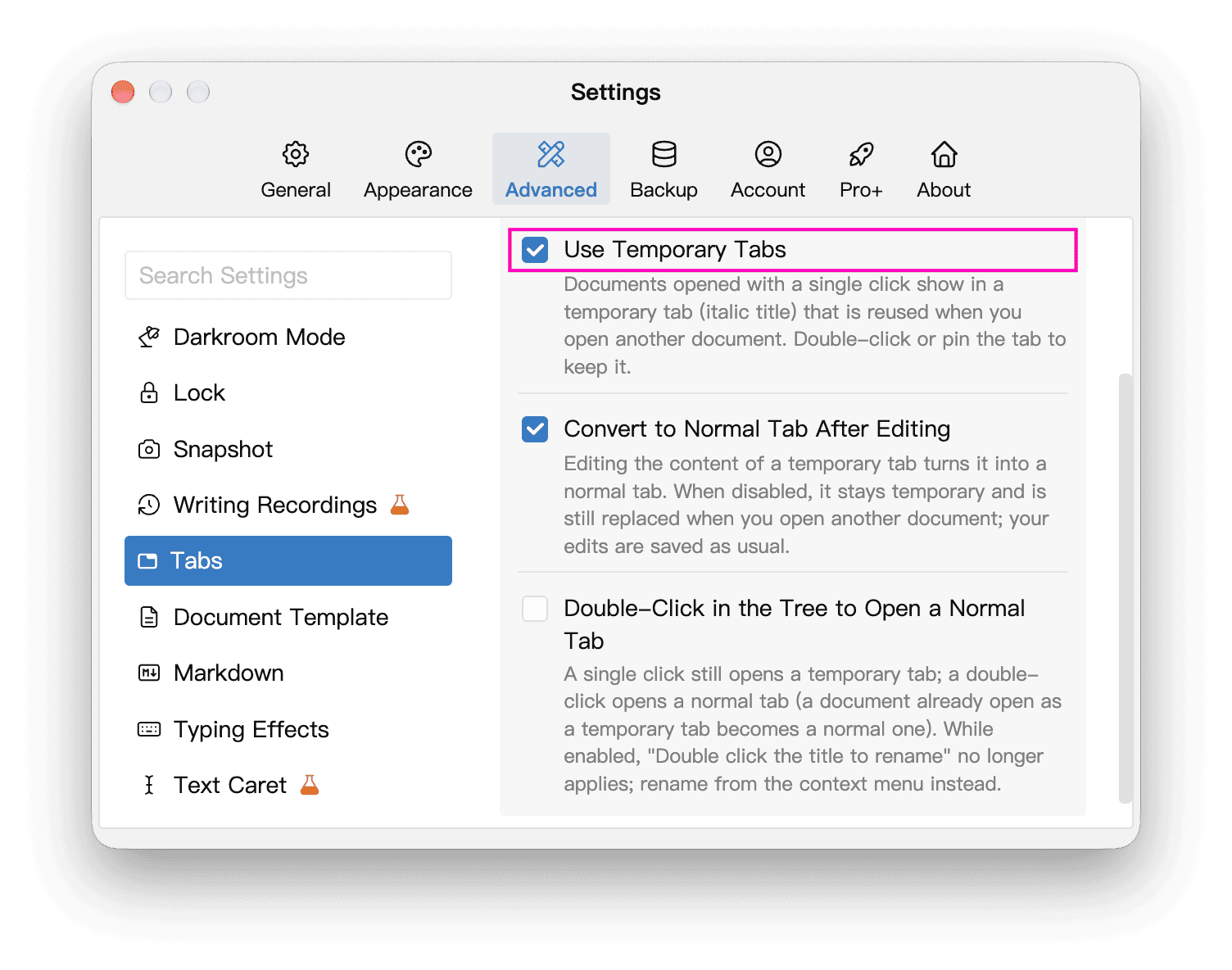 The Use Temporary Tabs setting and its additional options