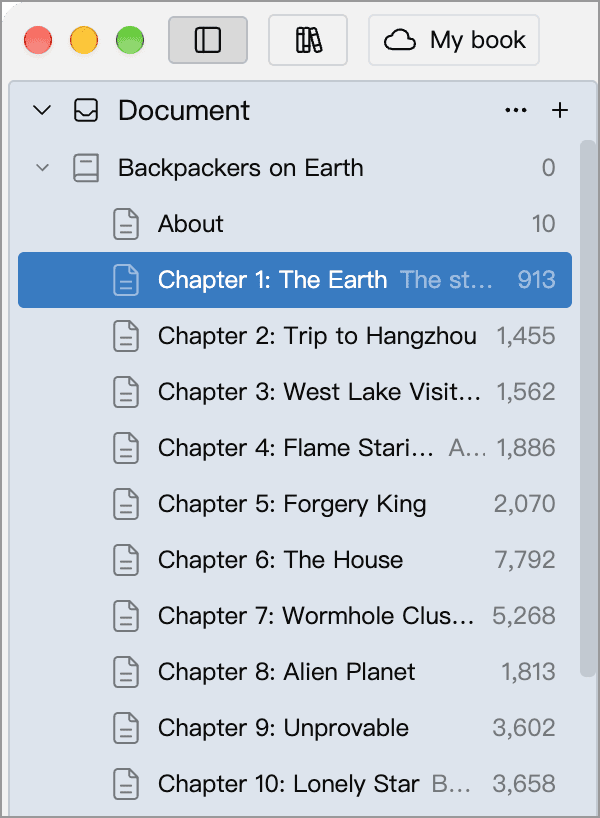 Directory tree and chapter hierarchy in the Document panel