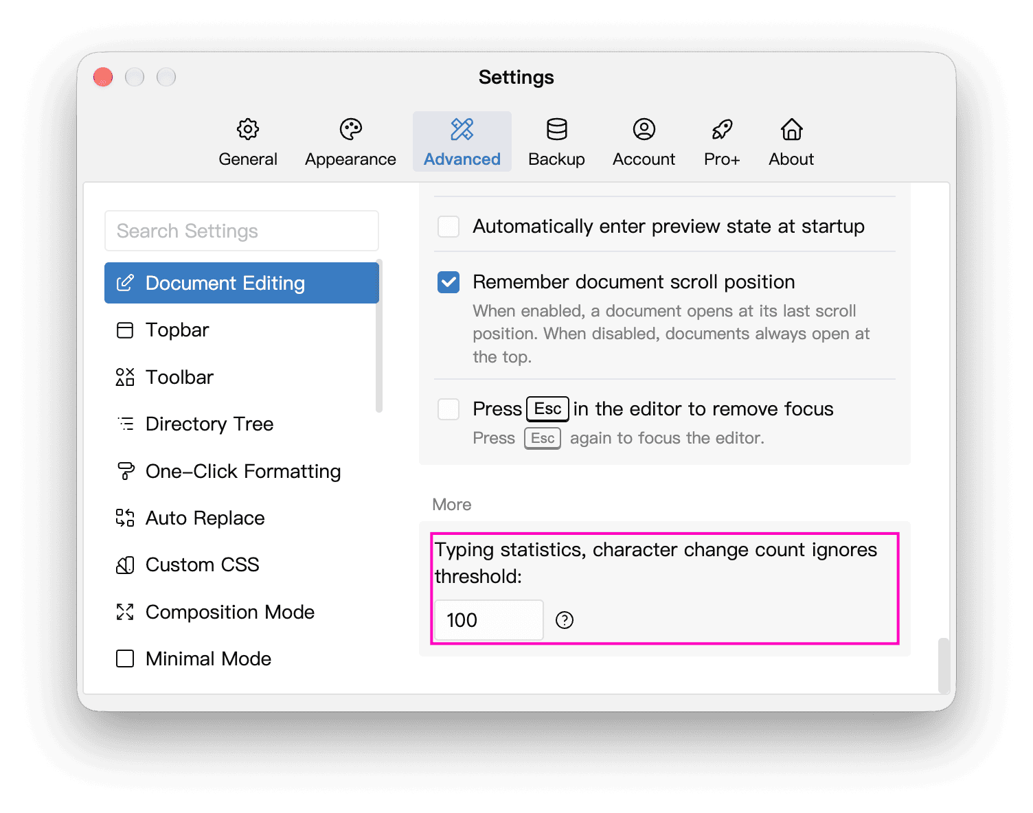 The typing statistics ignore threshold in Document Editing settings